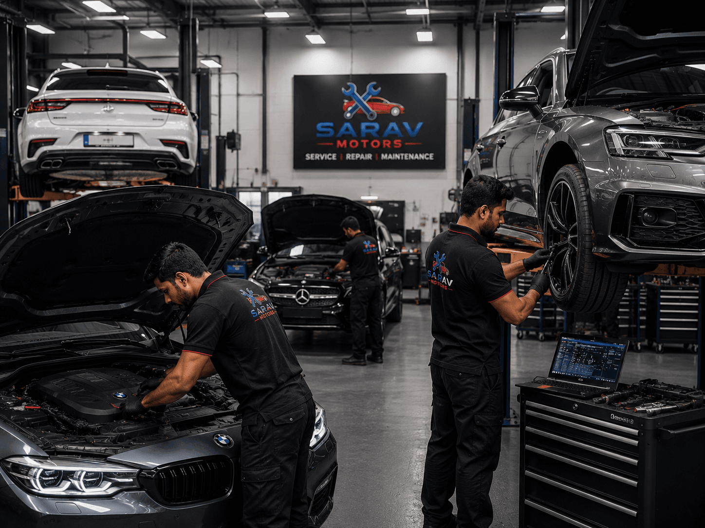 Sarav Motors mechanics working inside the workshop