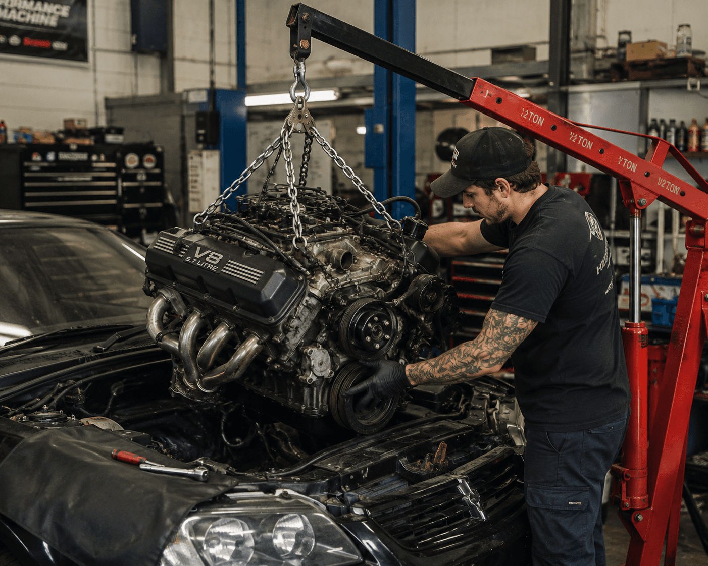 Vehicle being serviced inside the Sarav Motors workshop
