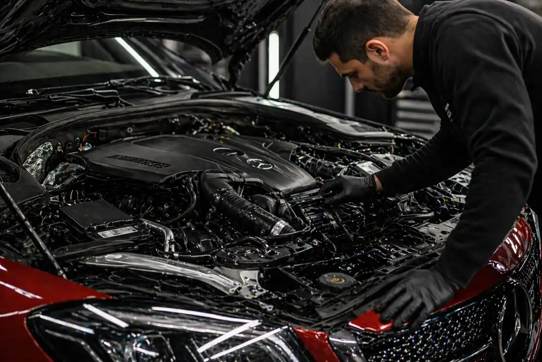 Mechanic inspecting a vehicle in the Sarav Motors workshop in Braeside
