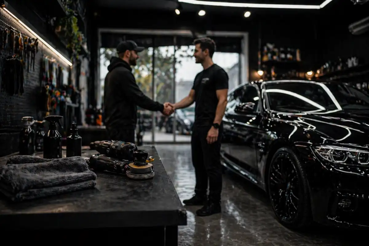 Customer greeting a technician inside the Sarav Motors workshop in Braeside