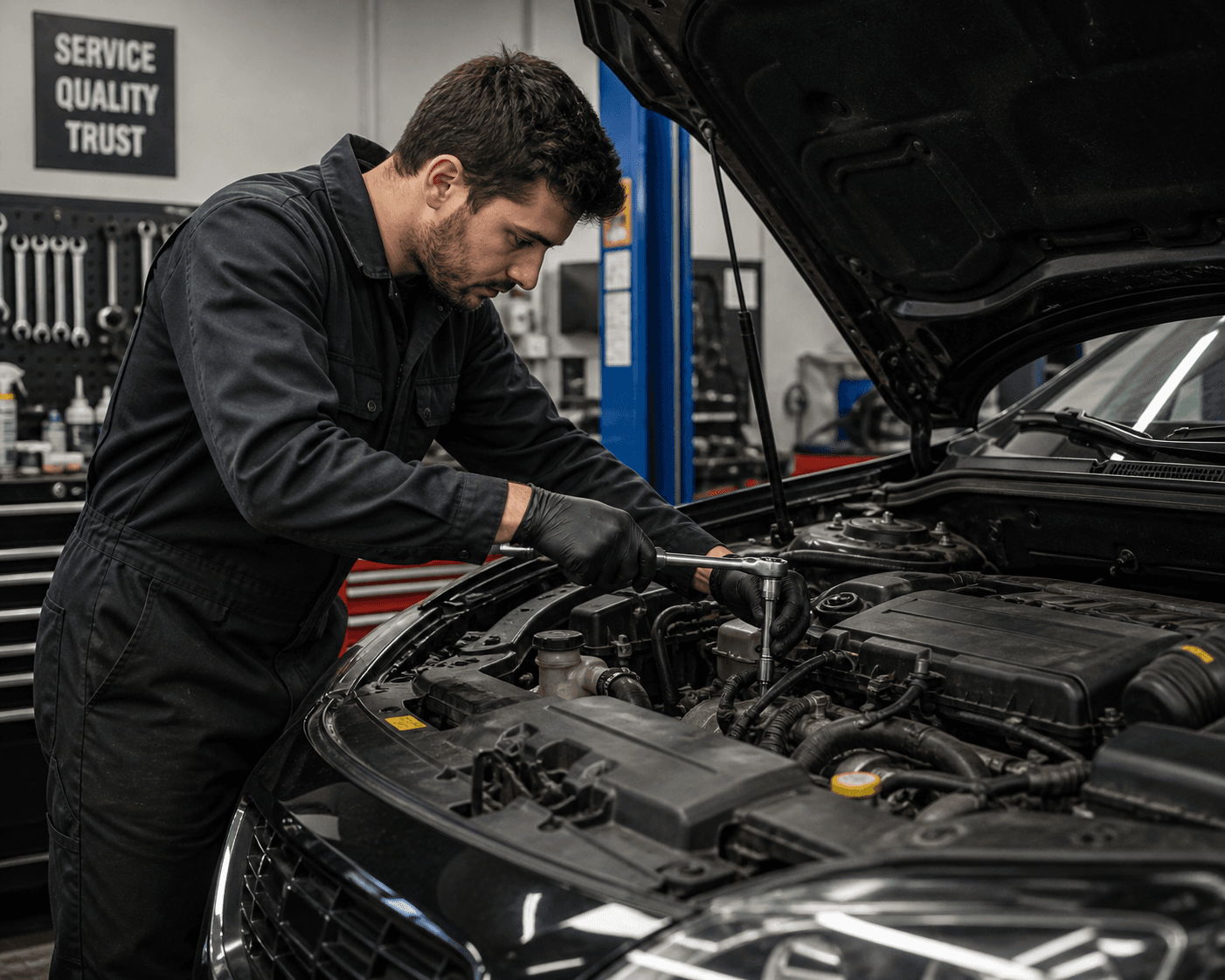 Sarav Motors technician working inside the workshop garage